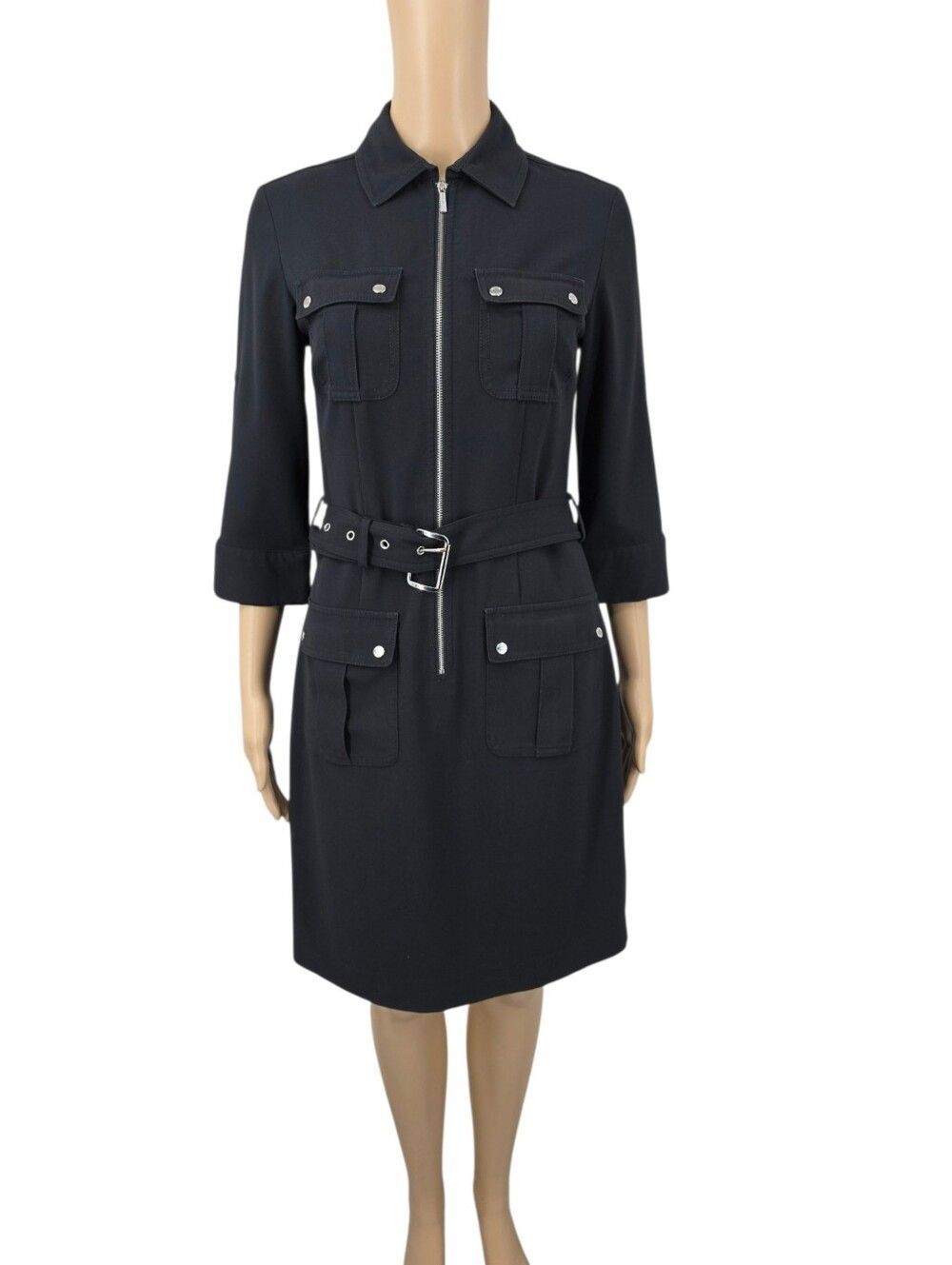 Michael Kors Black Utility Zip Belted Midi Dress